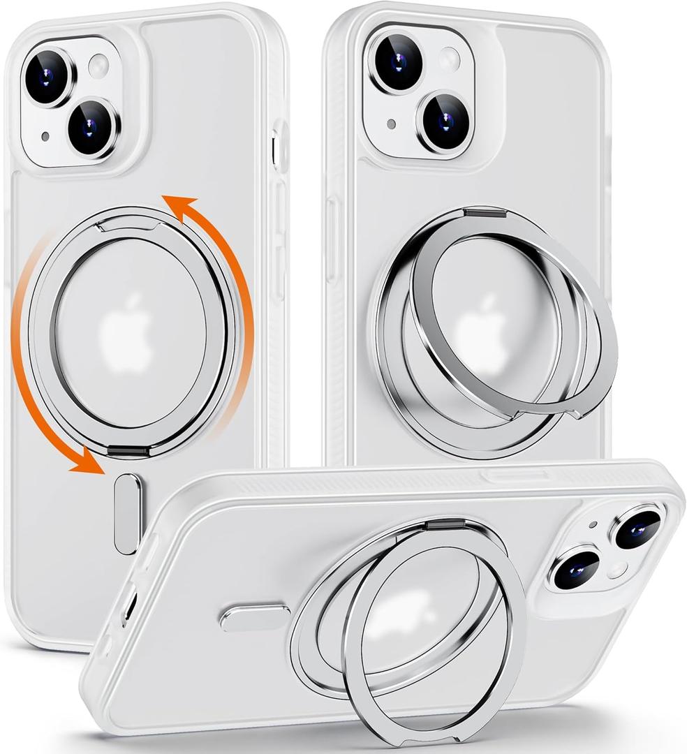 360 Rotatable Magnetic Ring Kickstand for iPhone 15 Case [Non-Slip Texture Edge] [Compatible with MagSafe] [Military Shockproof] Translucent Matte Soft Silicone Bumper Slim Cover, 6.1'', White