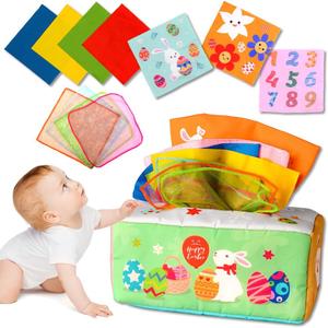 Waybla Easter Baby Toys, Easter Tissue Box Montessori Toy, Soft Stuffed High Contrast Crinkle Infant Sensory Early Learning Easter Toys, Easter Gifts, Easter Basket Stuffers for Babies 12+ Months, Medium, Small