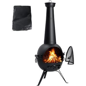 Chiminea Outdoor Fireplace Prairie Fire Patio Backyard Wooden Fire Pit with Chiminea Cover Rust-Free Iron Black
