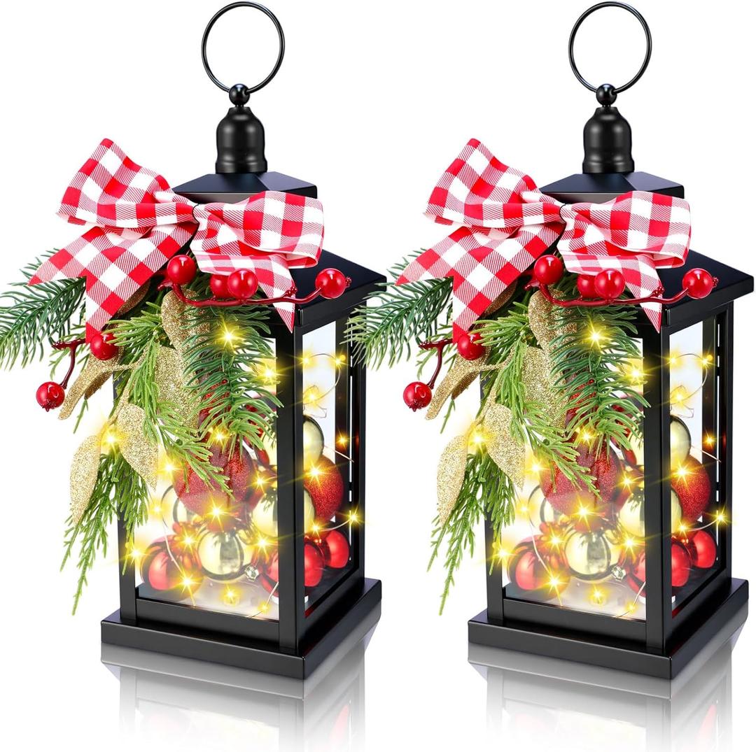 Honoson 2 Pcs Christmas Lanterns Decorative with LED String Lights Metal Hanging Xmas Vintage Lantern with Red Ribbon Berry for Indoor Outdoor Xmas Home Porch Party Decor(Bow)