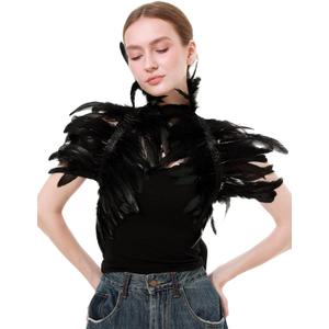 Women Feather Shawl Gothic Collar Cape Halloween Angel Demon Cosplay Party Costume (Black)