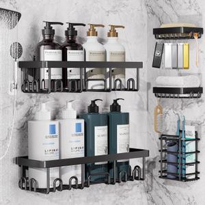 Veken Rustproof & Waterproof Shower Caddy 5-Pack, No Drilling Adhesive Wall Mounted Shower Shelves Rack, Heavy Weight Bearing, Large Organizer Storage Accessories, Ideal for Bathroom, Home & Kitchen (5-Piece Set (Rustproof Upgrade), Black)
