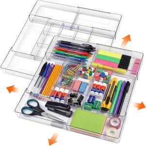 Briwooody 2 Pcs Large Expandable Acrylic Drawer Organizers, Grid Adjustable Drawer, Dividers Organizer for Desk, Makeup, Jewelry, Office, Kitchen Supplies (Clear, 15 Compartments)