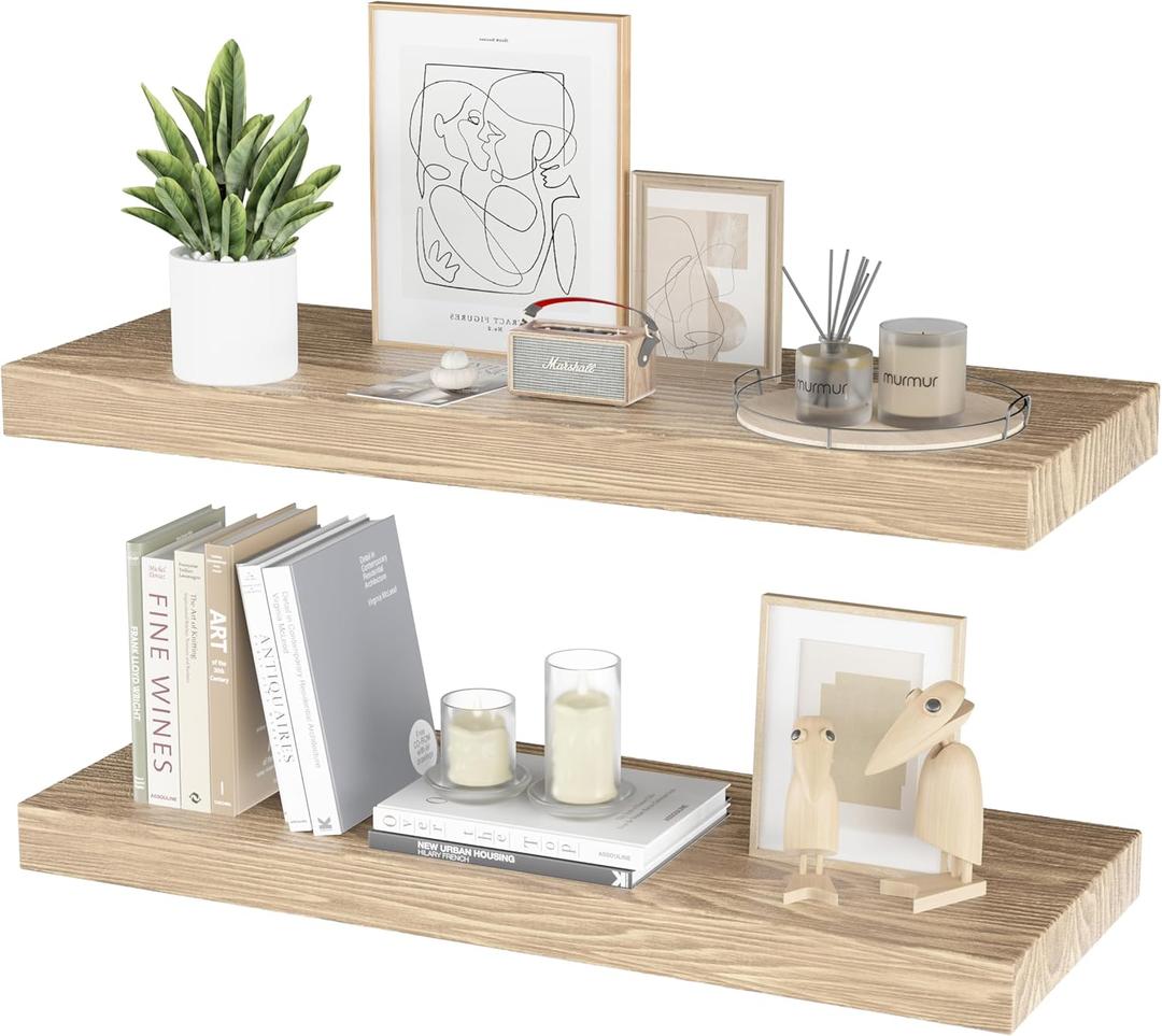 Floating Shelves for Wall - 24 x 9 Inch Natural Wood Shelves for Bathroom, Bedroom, Kitchen Decor, Farmhouse Decor Set of 2