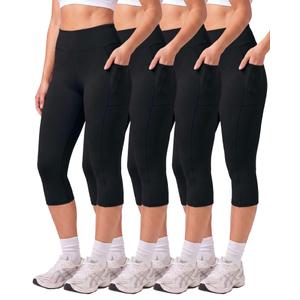 Real Essentials 4 Pack: Women's Capri Leggings with Pockets Casual Yoga Workout Exercise Pants (Available in Plus Size) - Set 7, 1X