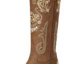 Cowboy Boots for Women - Wide Calf Knee High Cowgirl Boots, Glitter Sparkly Rhinestone Western Country Boots with Classic Embroidery, Pointed Toe Pull On Zipper Retro Boots (7.5, Brown)