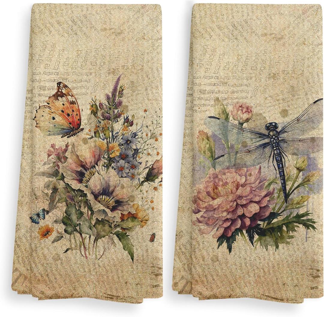 Vintage Dragonfly Kitchen Towels and Dishcloths Set of 2, Butterfly Dragonfly Decor, Floral Wildflower Kitchen Dish Tea Hand Towels, Retro Butterfly Hand Towels for Bathroom, 16x24 Inches