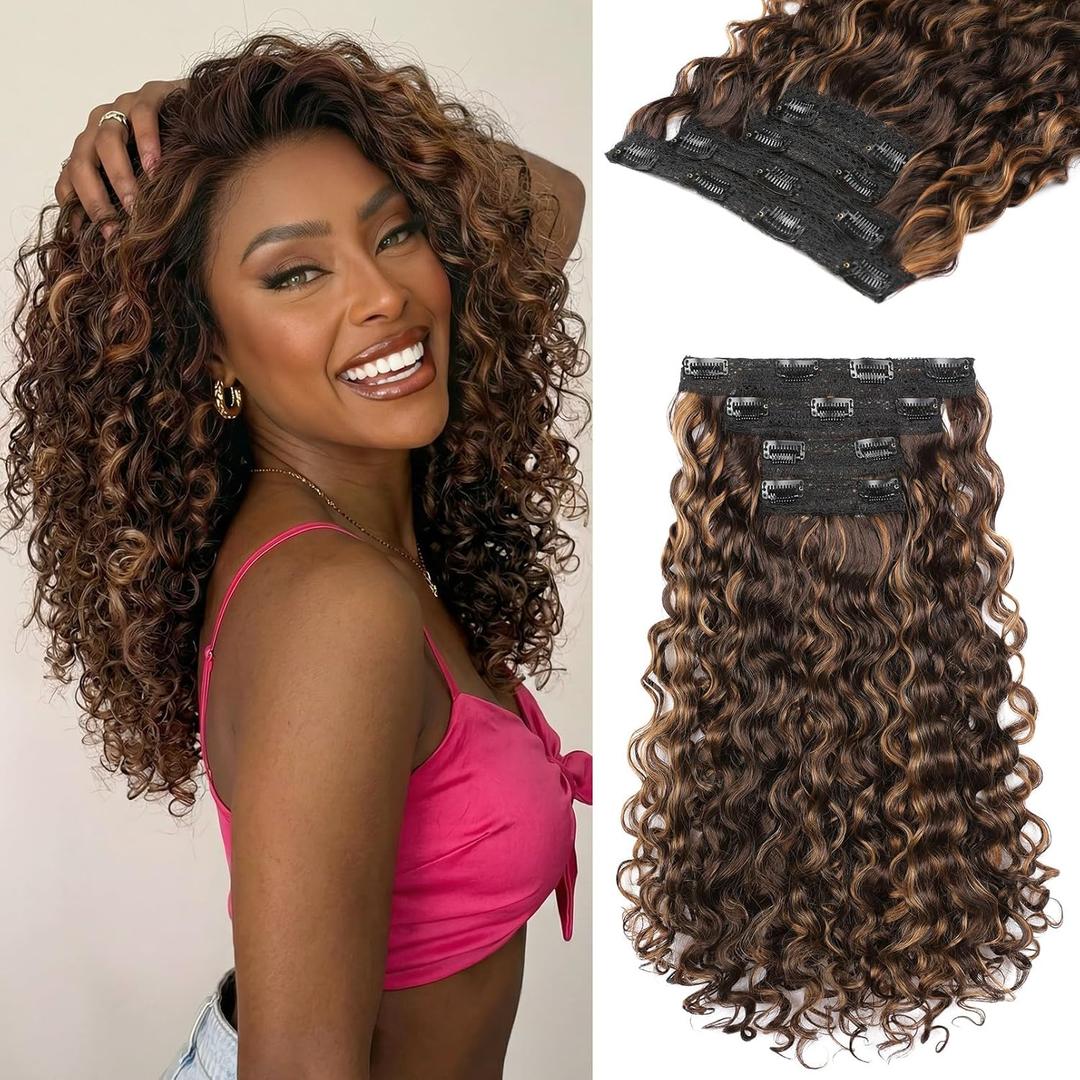 REECHO Curly Hair Extensions - 4PCS 14" GoGo Curly Clip in 100% Super Protein Hairpieces with Invisible Lace Weft Silky Soft Natural Look - Warm Brown with Highlights