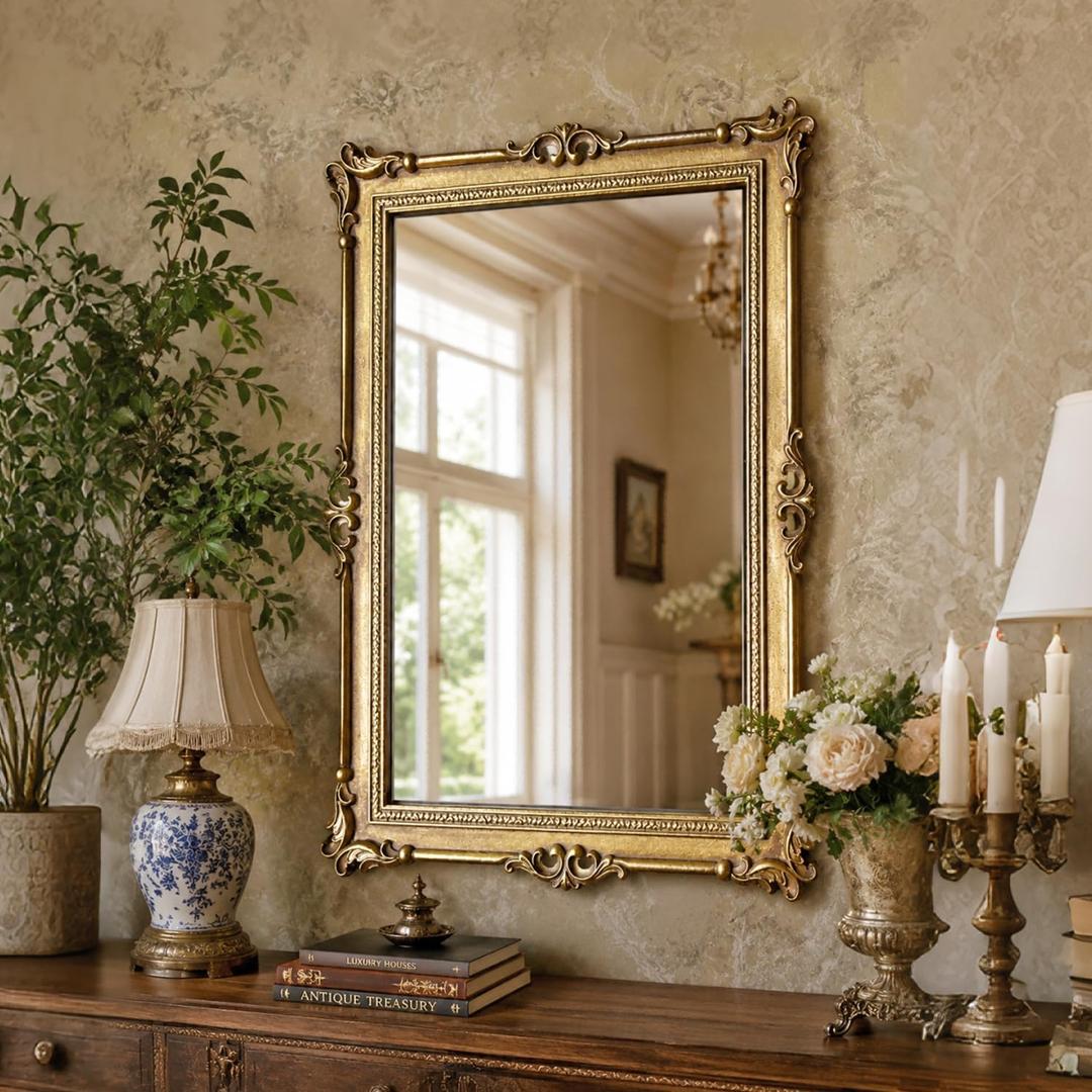 Vintage European Gold Wall Mirror, Ornate Carved Frame Decorative Mirror, Distressed Antique Gold Finish for Living Room, Bedroom, Entryway, Hallway, Bathroom, Vanity