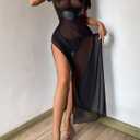 Hilinker Womens Sexy Sheer Lingerie Dress Set Long Mesh Leather Patchwork See Through Chemise Nightgown Black Small (Black, S)