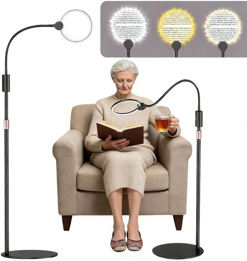 10X Floor Magnifying Glass with Light and Stand,360 Flexible Gooseneck Floor Magnifying Lamp,3 Light Modes,Height Adjustable,Hands Free Magnifier for Reading,Close Work,Craft,Sewing for Seniors