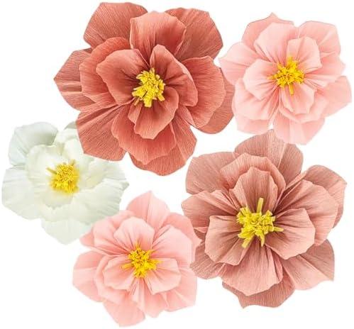 Pink Paper Flowers Artificial 3D Wall Décor Birthday Wedding Bridal Baby Shower Dark Light Pink Peach Beige White Tissue Crepe Flower Nursery Room Backdrop Centerpieces Girls Women Party Decorations