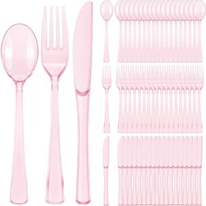 Kochorie 300 Piece Disposable Clear Pink Utensil Set Plastic Silverware Heavy Duty Cutlery Set Serves 100 Guests Forks Knives Spoons for Home Wedding Birthday Party Picnics Bride Shower Outdoor Events