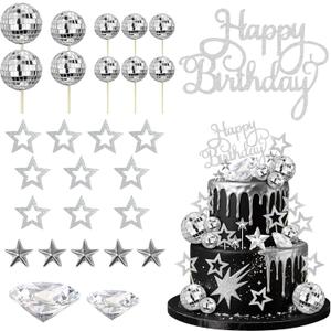 Knana 29Pcs Disco Ball Cake Toppers Silver Happy Birthday Cake Topper Diamond Cake Topper for Disco Theme Party Favors