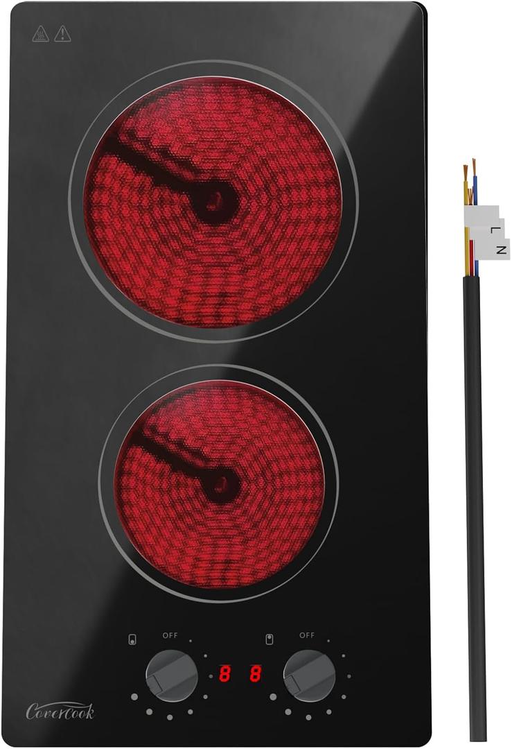 12 inch Electric Ceramic Cooktop, 2 Rings Radiant Stove Countertop Burners with Knob Control, Black Glass Hot Plate for Cooking, No Plug Hardwire 220-240V 3KW