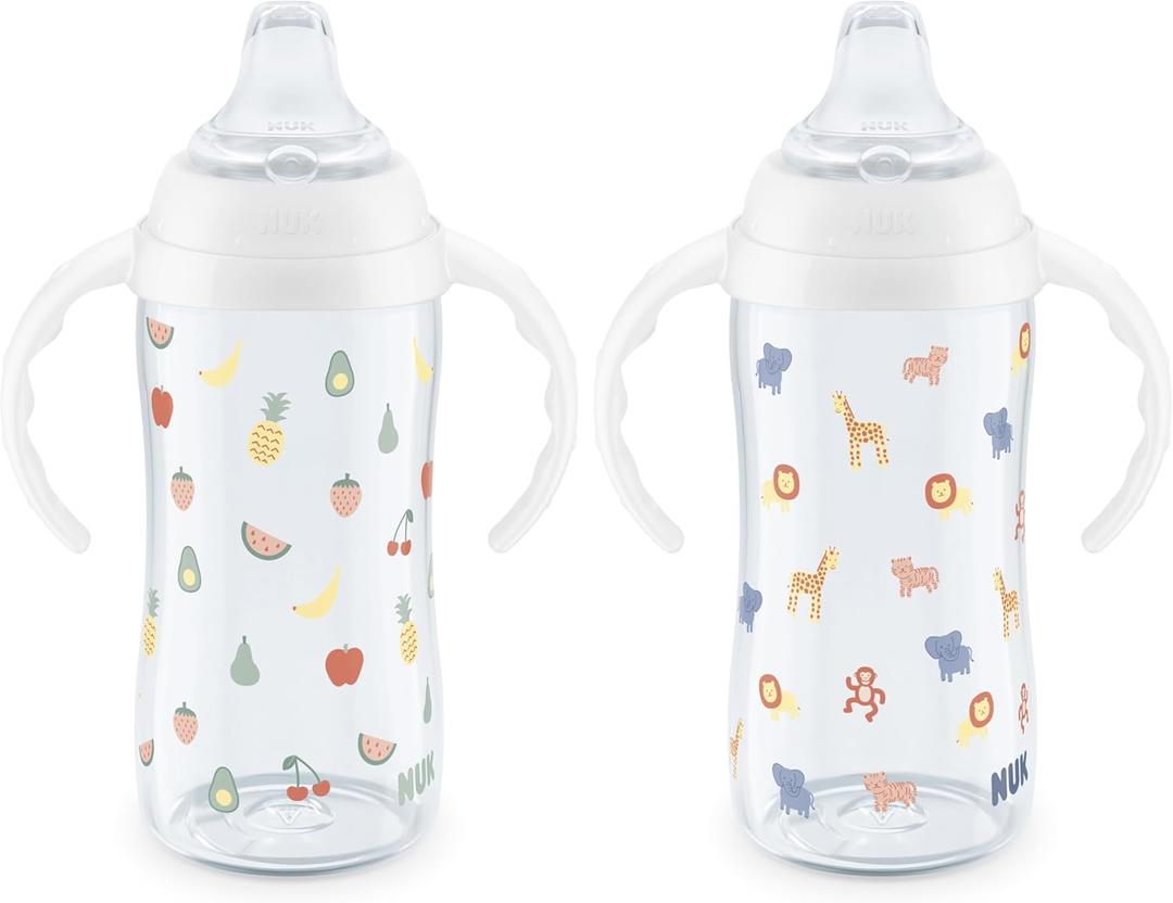 2 x NUK Learner Cup, 8+ Months, Fun Fruits and Animals, Collection, 10 Oz, Pack of 2, BPA-Free, Soft Spout, Spill Proof Sippy Cup