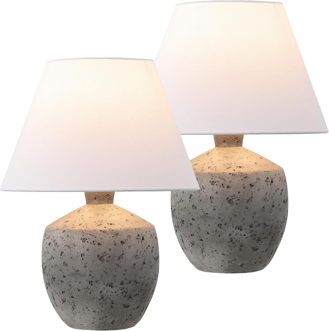 JONATHAN Y 18" Antique Gray Modern Concrete Effect Table Lamp Set of 2, Scandinavian Bedside Lamps for Bedroom Living Room, White Linen Shade, LED Bulbs Included JYL5606A-SET2