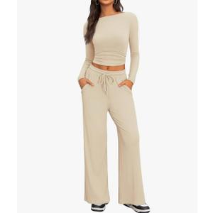 Cozy 2 Piece Lounge Sets for Women, Side Ruched Long Sleeve Top & Wide Leg Pants Casual Matching Tracksuit for Home & Travel, XLarge