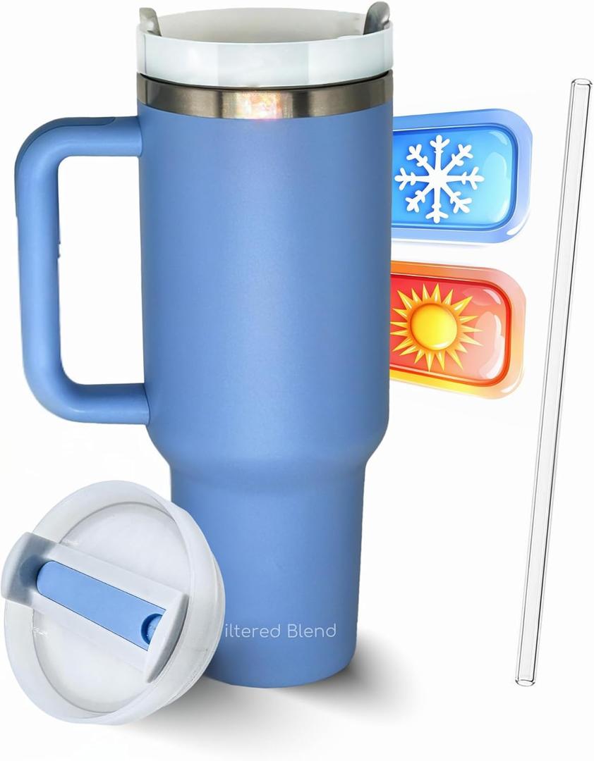 Vessel
40oz Insulated Stainless Steel Travel Tumbler with Handgrip for Coffee, Tea, Smoothies - Light Blue Beverage Cup with Handle and Straw Lid - Leakproof and Reusable Mug