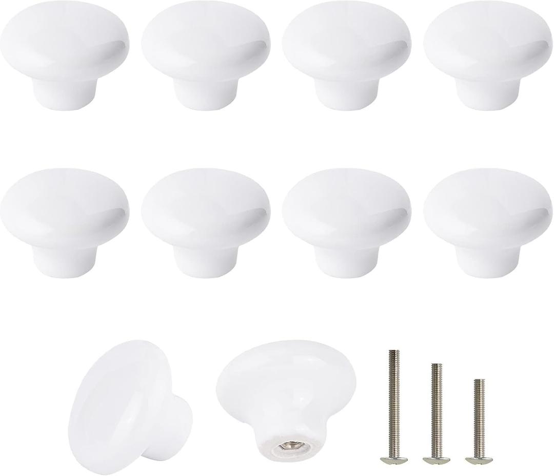 10x White Door Knob Cabinet Retro Round Ceramic Drawer Cupboard Kitchen Dresser Pull Handle Knobs 32mm/1.25" with 3-Sized Screws