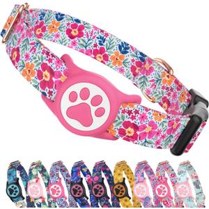 WhoseID Airtag Dog Collar,with Waterproof airtag HolderOriginal Stylish Cute Pattern Design.QR Code ID BuckleComfortable Soft Cotton for Dogs, Floral Pink