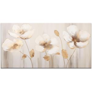 Large White and Gold Abstract Flower Wall Art Luxury Neutral Contemporary Floral Canvas Print Artwork Modern Minimalist Painting (58L" x 29W", White and Gold Flower)