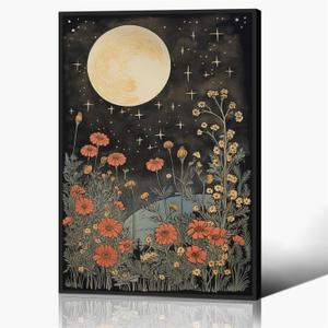 Vintage Moon Flowers Canvas Wall Art, Retro Mystical Celestial Moon Poster, Rustic Orange Yellow Wildflower Field Print, Cottagecore Ethereal Moonlight Botanical Floral Wall Decor 12x16in Framed (12L" x 16W")