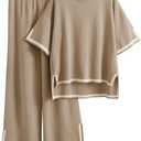 Tanming Sweater Sets Women 2 Piece Lounge Sets Short Sleeve Knit Pullover Tops Wide Leg Pants, Size: Medium