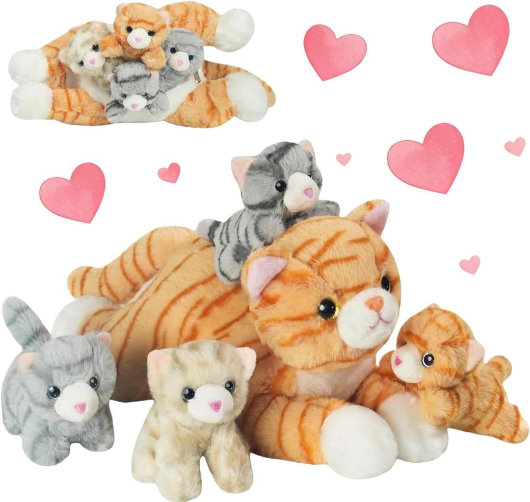 5 Pieces Cat Stuffed Animal with Babies, 1 Mommy Orange Cat Plush Toy Stuffed Cat with 4 Babies Plush Kittens, Stuffed Kitty Plush Toys for Kids Girls Boys Birthday Christmas Plush Gifts