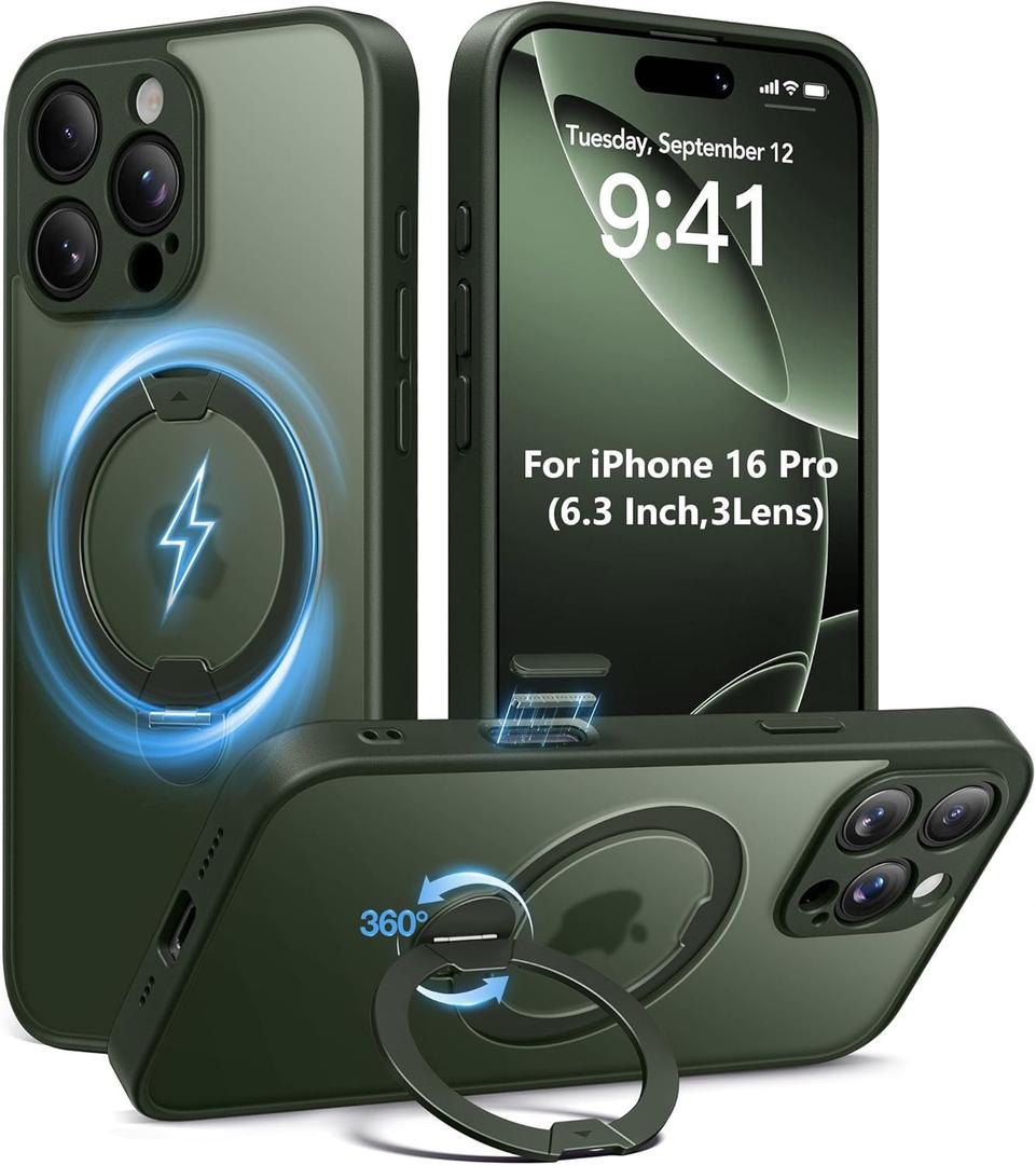 Magnetic for iPhone 16 Pro Case,[Unbreakable & Magnetic Stand] [Military-Grade Protection] [Phone Case Compatible with MagSafe] Slim Translucent Matte Shockproof Phone Cover,Deep Green