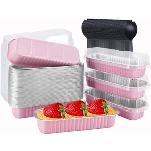 LNYZQUS Mini Loaf Pans With Lids 50 Pack, 6.8oz Rectangle Aluminum Foil Baking Pans Tins Containers,Disposable Ramekins Baking Cups Muffin Tins Cupcake Cups For Mini Cake Bread Loaf -Pink