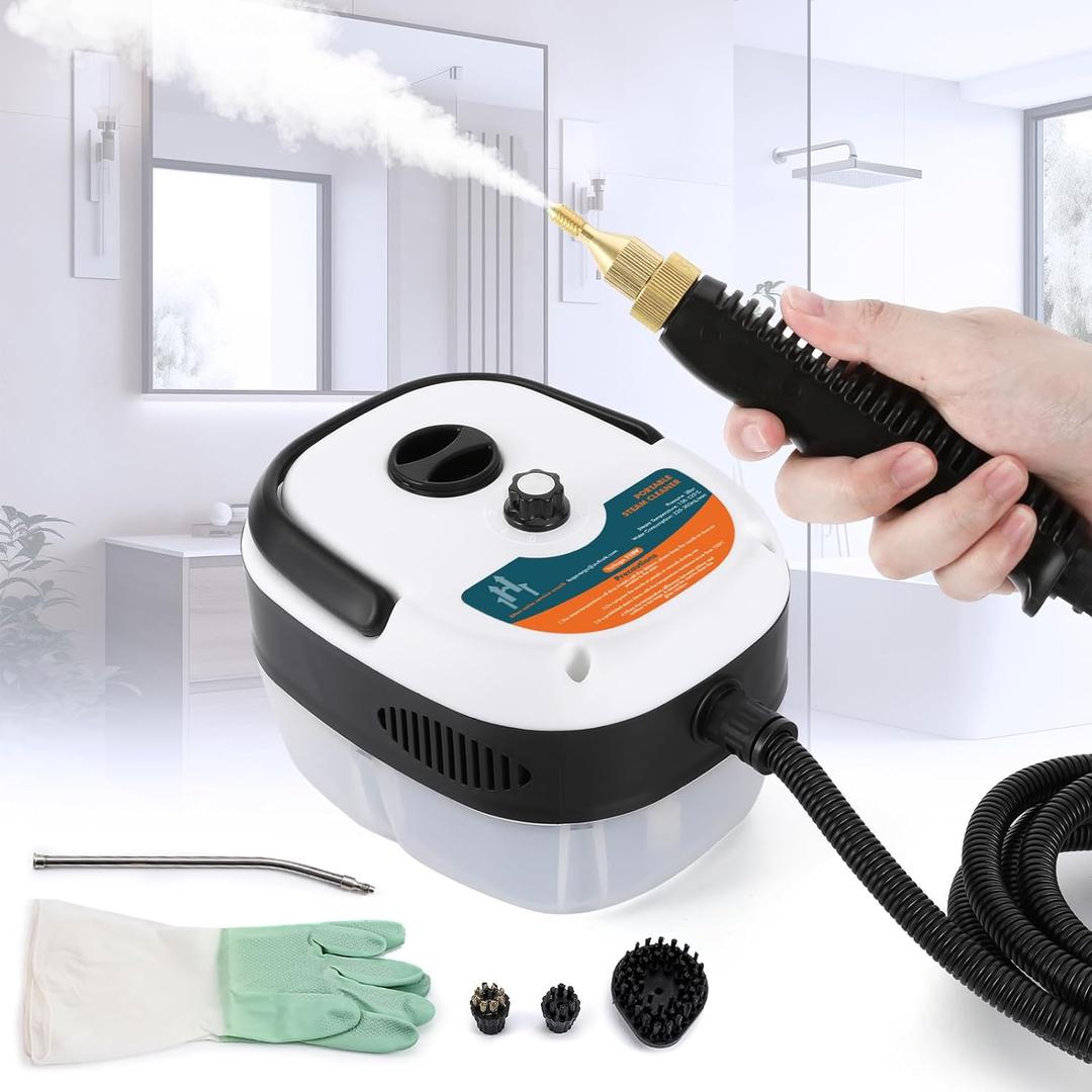 2500W Handheld Steam Cleaner, Pressurized Steam Cleaning Machine with 3 Brush Heads, 20s Heat Up, 1L Tank, Multipurpose Mini Portable Steamer for Tile, Grout, Furniture, Kitchen, Car, Home (White)
