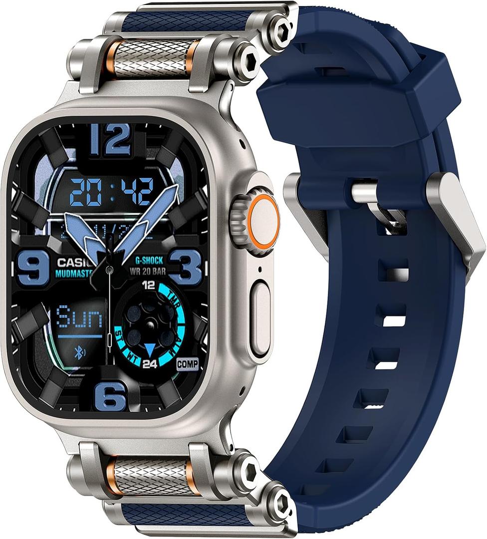 TAURI Silicone Band for Apple Watch Bands SE/Series 9/8/7/6/5/4 44/45mm [Stainless Steel Metal Connector + Liquid Silicone Strap] for iWatch 45mm/44mm Adjustable Band Men Women, Navy Blue