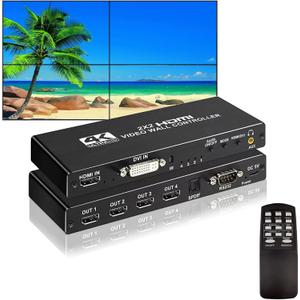 4K HDMl Video Wall Controller 2x2, 180 Rotate Video Wall Processor with IR Remote, 8 Splicing Modes 1x1 1x2 1x3 1x4 2x1 3x1 4x1, Combine 4 Screens into 1 Wall Display