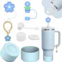 Stanley Cup Accessories Set, Including 2 Pcs 0.4in Straw Cover, 1 Silicone Spill-Proof Stopper Set of 3, 1 Cute Flower Handle Charm, 1 Silicone Boot Fits Stanley 40&30 Oz Tumbler (Blue)