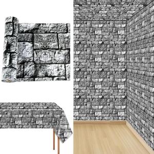 party greeting Brick Stone Wall Tablecloth Roll 100FT x 51 Inch Disposable Stone Wrapping Plastic Table Cover Castle Backdrop for Halloween Western Birthday Medieval Party Decoration Favors Supplies