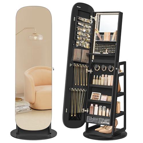 SONGMICS LED Jewelry Cabinet, 360° Swivel Jewelry Organizer, Lockable Mirror Jewelry Cabinet Standing, Rounded Wide Full-Length Mirror with Storage Shelves, Interior Mirror, Ebony Black UJJC036B01