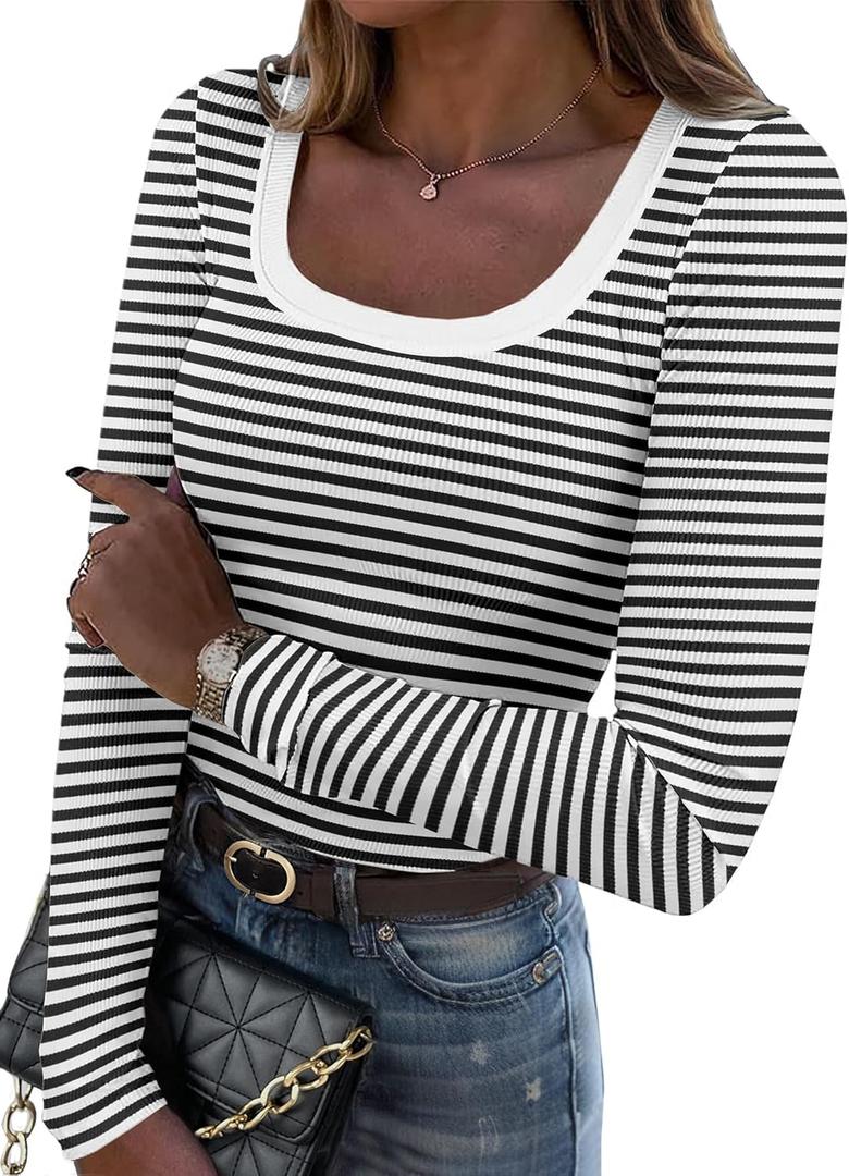 Zeagoo Women's Long Sleeve Scoop Neck Shirts Casual Slim Fit Rib Knit Tops Summer Fall Basic Business Work Tee (Medium, Black White Stripe)