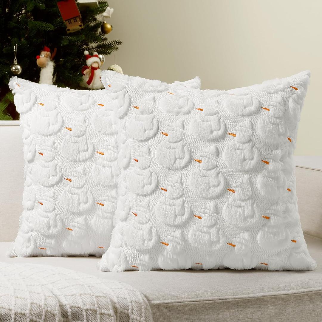 Softalker Christmas Throw Pillow Covers 18 x 18 Inch Set of 2, Xmas Winter Snowman Faux Fur Cushion Covers, 3D Embroidered Pillow Cases for Couch Bedroom Living Room Decor, White