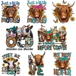 8 Pcs Highland Cow Heat Transfer Patches, Vinyl Designs Iron on Transfers for T-Shirts, Western DTF Heat Transfer Stickers for Clothes, Iron on Decals for DIY Clothing, Hats and Pillows