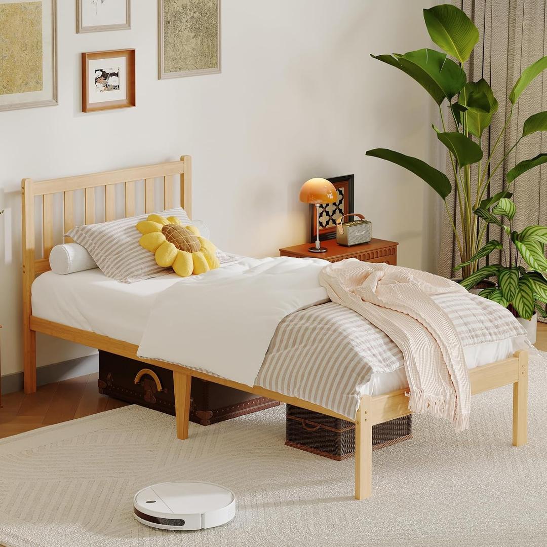 12 in High Solid Bamboo Wood Twin XL Bed Frame with Headboard, Platform Twin XL Size Bed Frame, Heavy Duty, No Box Spring Needed, Nosie Free