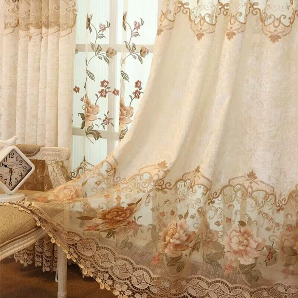 Luxury Embroidered Cloth Curtain for Living Room 84 inch Length Custom Romantic Elegant Luxurious Delicate Embroidery Drape Window Dressing Bedroom Grommet Top, 1 Panel, 52x84 inch (Beige Flower-cloth)