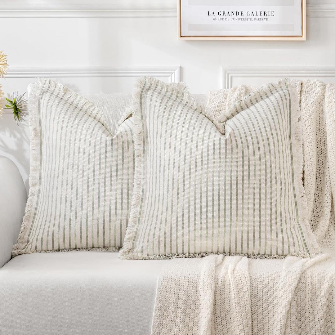 MIULEE Pack of 2 Sage Green Pillow Covers 18x18 Inch Striped Farmhouse Couch Spring Throw Pillow Covers with Fringe Chic Linen Decorative Cushion Covers for Sofa Living Room Bed Outdoor Home Decor