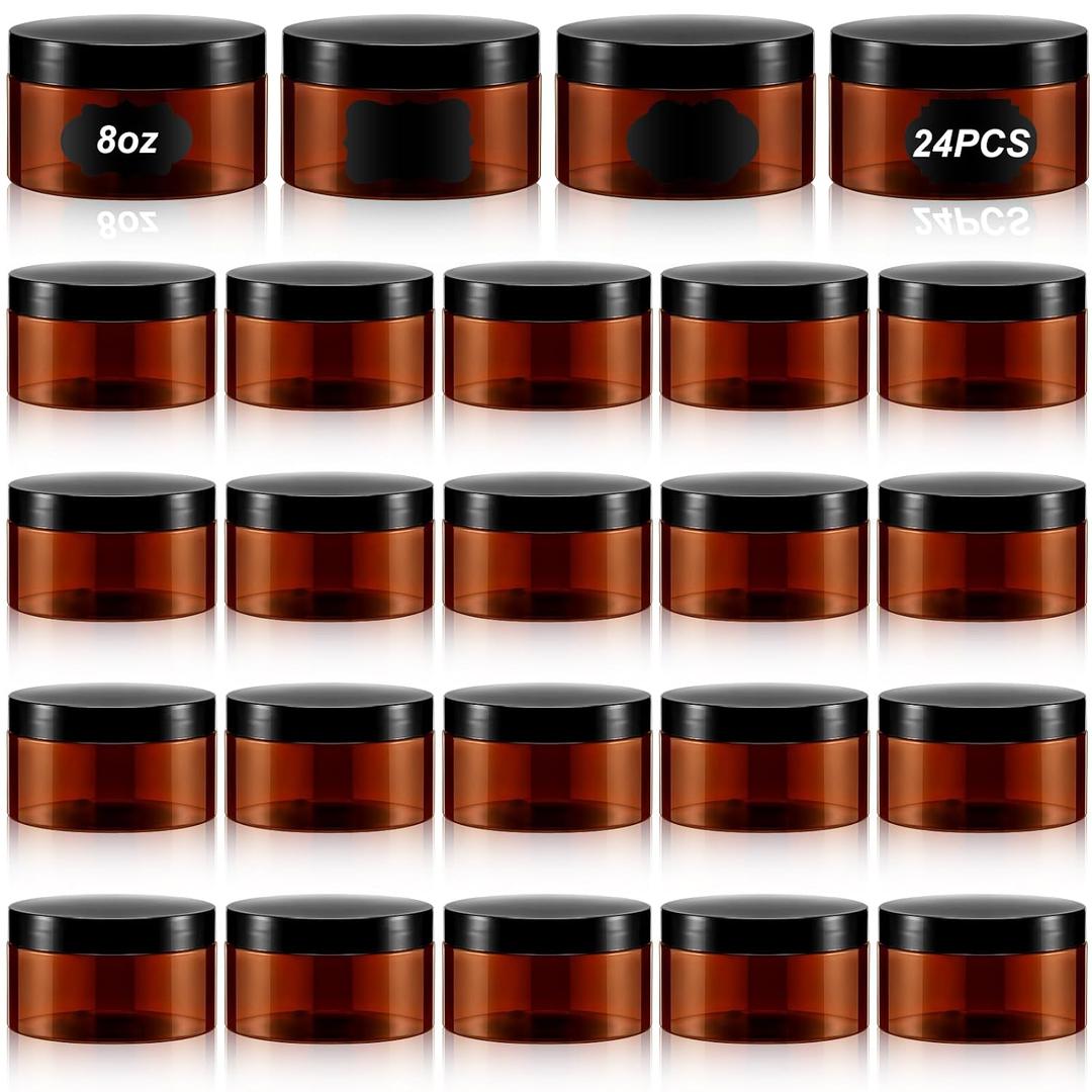 Dandat 24 Pcs 8 oz Plastic Jar Container with Lid and Label Refillable Empty Round Amber PET Cosmetic Sample Slime Containers for Lotion, Cream, Ointments, Body Butter, Makeup, Travel Storage