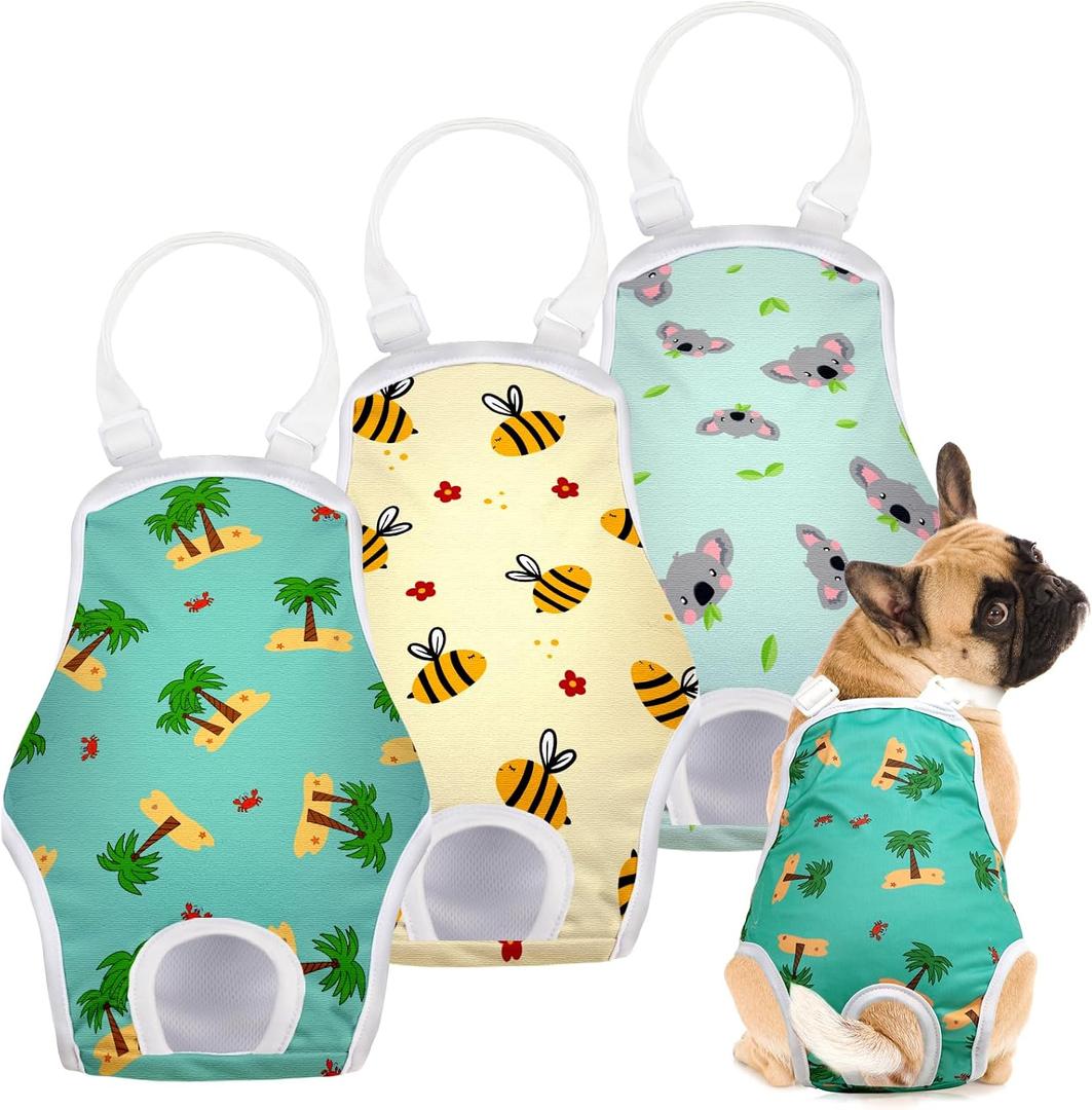 Jollywoods 3 Pack Washable Female Dog Diaper Onesie Sanitary Pantie with Adjustable Suspender, Reusable Fixed Doggie Diapers, Super Absorbent Leakproof for Medium Dog in Heat Cycle M