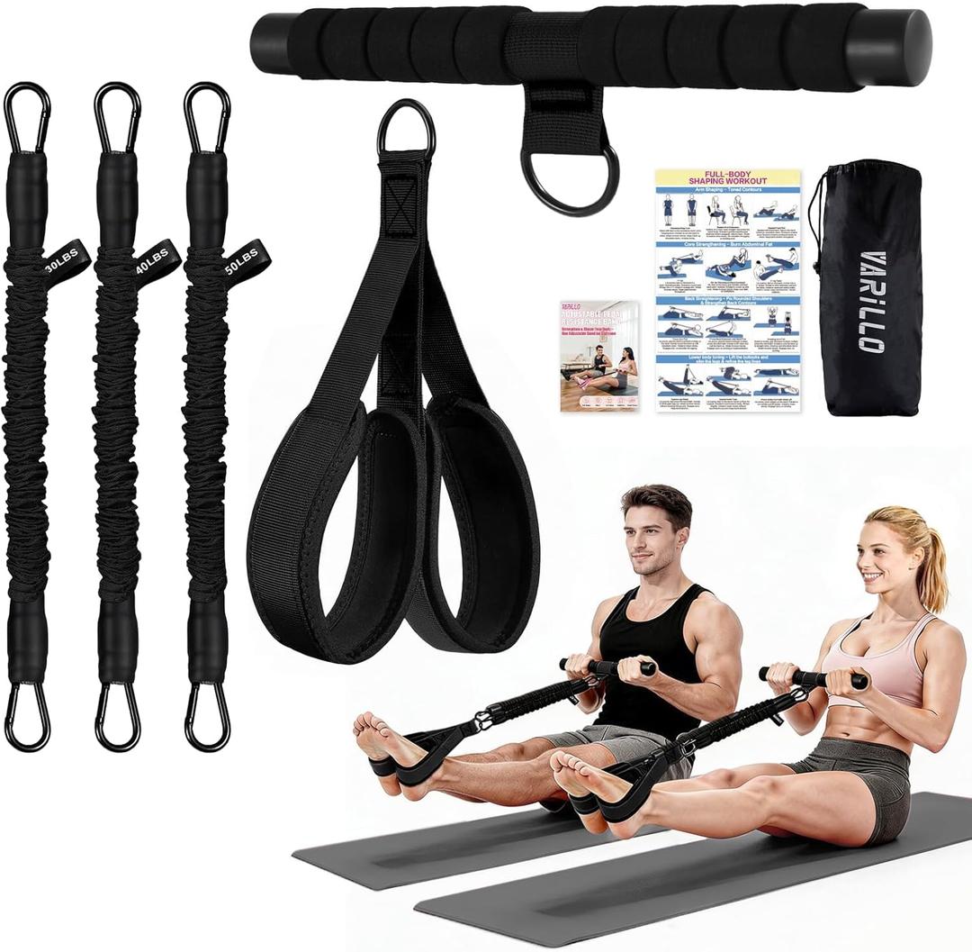 Multifunction Pedal Resistance Band with Handle, 3 Tube Adjustable 30/40/50LB Foot Pedal Puller Resistance Bands with Poster, Extended Length Tension Rope for Men Women Full Body Workout Home Gym (Black)