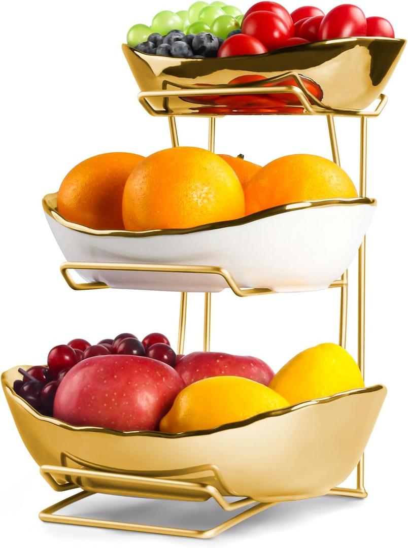 Fruit Bowl for Kitchen Counter, 3 Tier Fruit Basket for Counter, Ceramic Fruit Holder, Tiered Fruit Stand with Metal Stand, Detachable Rack for Fruit Vegetable Snack Dessert Storage (Gold)