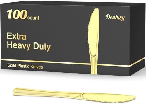 Dealusy 100 Count Heavy Duty Gold Plastic Knives Disposable, BPA-Free, Heat Resistant, Solid and Durable Premium Plastic Disposable Knives for Party Supply