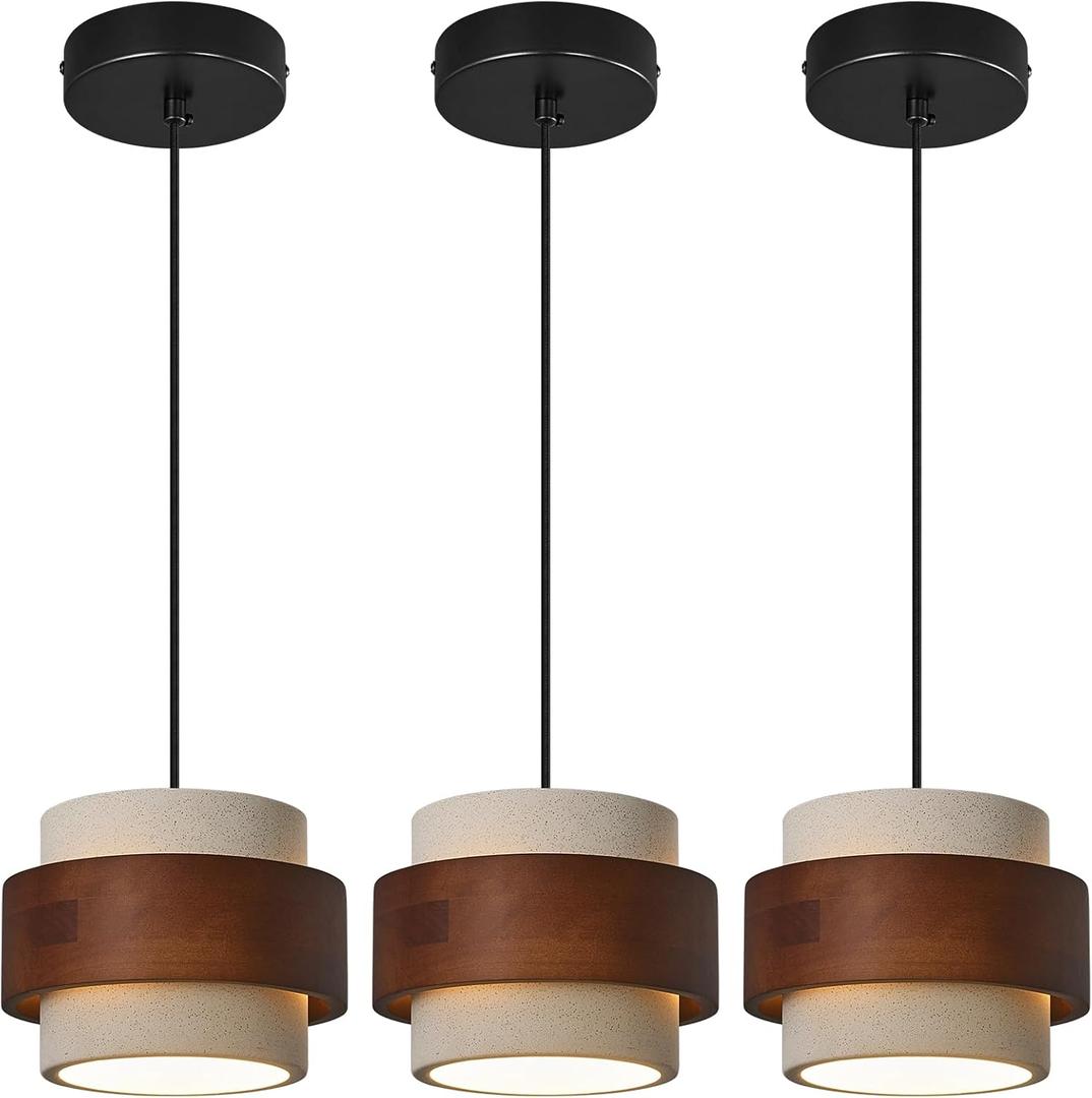Modern Cement Pendant Light Fixture,Concrete Pendant Lights with Wood Accent,Vintage Farmhouse Chandelier for Kitchen Island Dining Room Living Room Bedroom Cafe(White 3-Pack 6.7in)