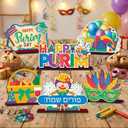 CroBlissful 6 Pcs Purim Table Decorations Signs Wooden Tabletop Centerpiece Holiday Tiered Tray Table Toppers for Home Office Desk Decor Holiday Party Supplies